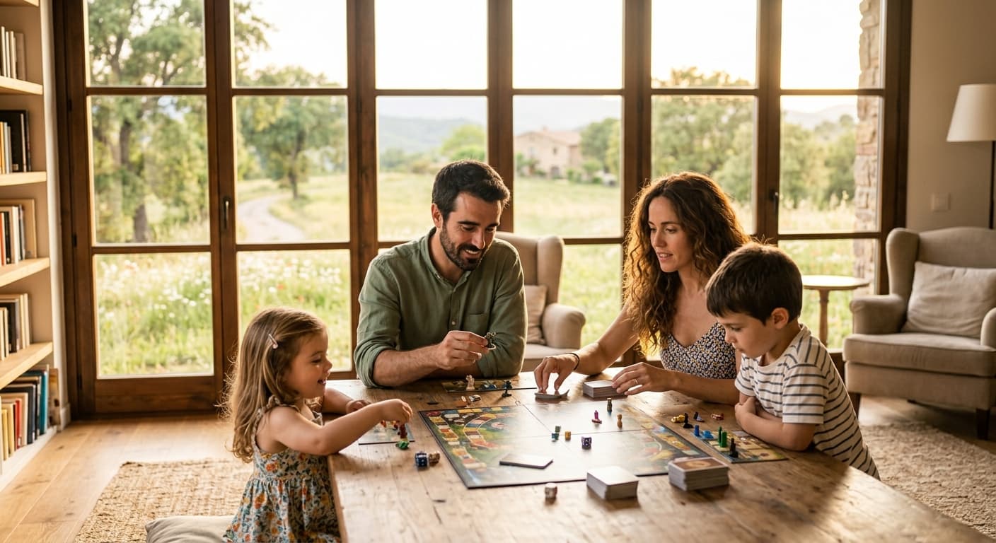 Una familia jugando junta a un juego de mesa en casa