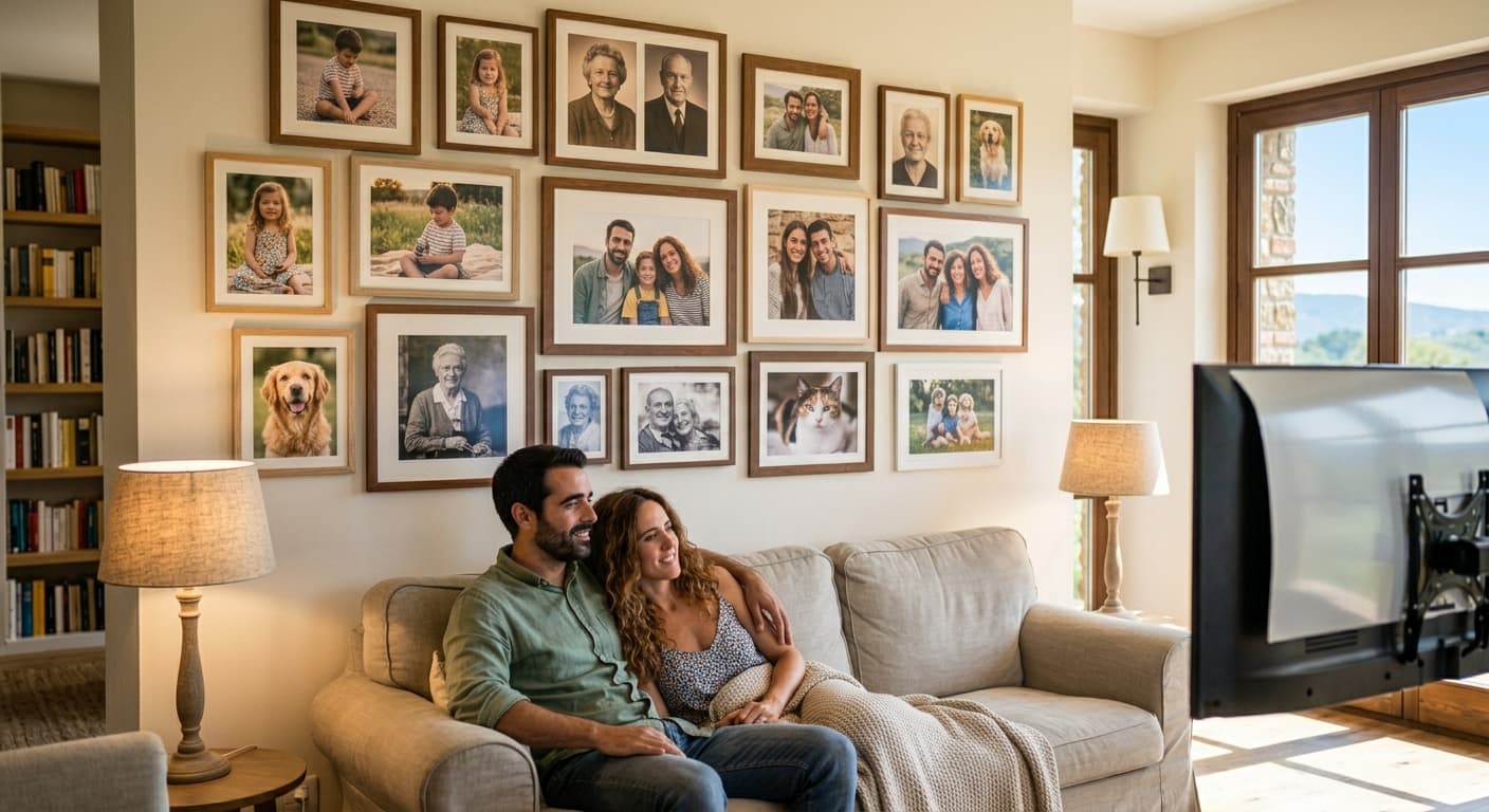 Una pareja en su salón, rodeada de fotos de familia, amigos y sus mascotas